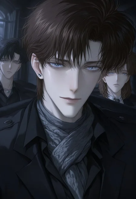 Realistic facial features, detailed features, well-defined features, semi-realistic style, painted style, detailed style, solo, anime style, minimalism, (beautiful face), adult male style, short hair, mature ikemen, [pointy chin], (beautiful eyes), Caucasian, sharp chin and jawline, realistic facial features, realistic features, defined features, [[mamoru_chiba]], handsome anime guy, piercing blue eyes, bangs, detailed hair, ikemenboys, semi-realistic, [2D], attractive features, [masculine], dark colours, dark lighting, sitting, sitting down, dark hair color, silvery strands of hair, brown hair, 
detail hair, detail eyes, medium hair, [[weak man]], [frail], narrow features, [[DILF]], overdressed, [scarf], [subtle stubble], attractive, [popular guy], (oval face), long face, [blue eyes], detailed inner cheeks, sunken in cheeks, guy with strong cheekbones, [frail guy], [dreamy], [princely], detail face, detail background, beautiful blue eyes, skinny guy, medium hair, thin, small mouth, thin lips, handsome ikemen, perfect eyes, light blue eyes, dark brown hair, white guy, pale skin, [gaunt appearance], perfect face, handsome face, streaks of grey hairs, darker hair, manly face,