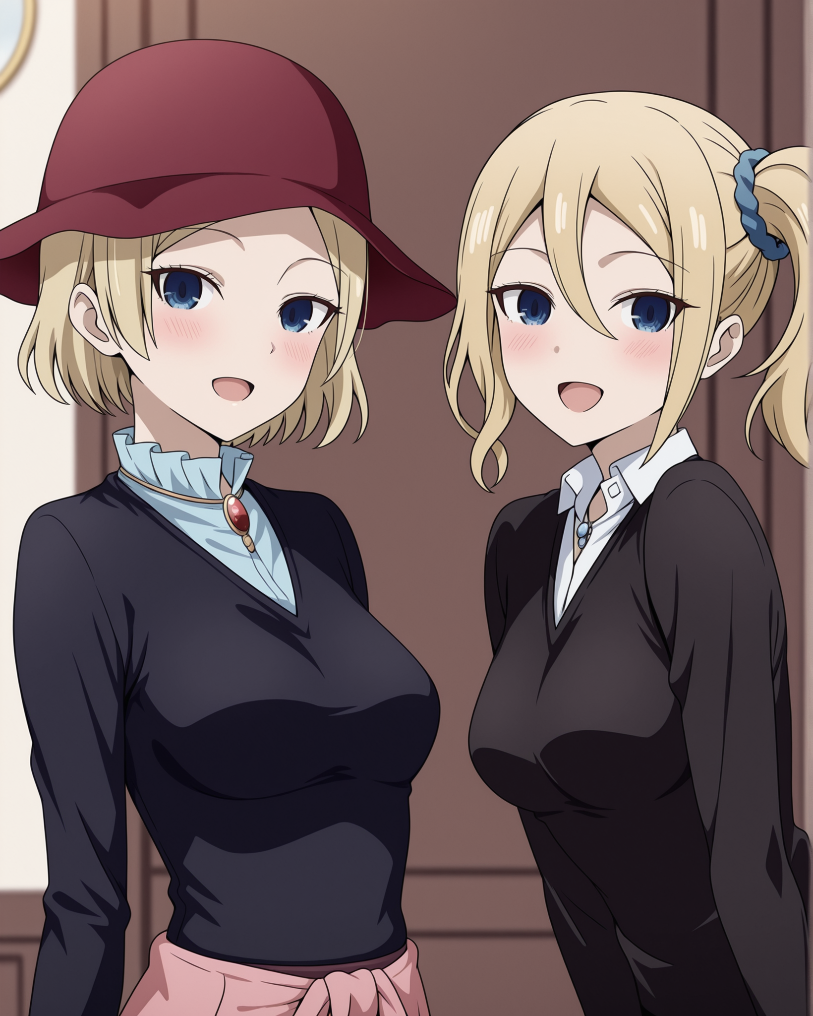 masterpiece, best quality, hayasaka_nao, <lora:Kaguya-sama_Love_Is_War_-_Hayasaka_Nao:1>, hayasaka_nao, 2girls, hayasaka_ai, short hair, blonde hair, blue eyes, looking at viewer, smile, blush, open mouth, side ponytail, parted bangs, hair between eyes, upper body, medium breasts, standing, hat, blue scrunchie, shuuchiin academy school uniform, black sweater, blue top, long sleeves,