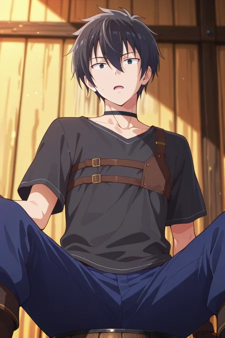 masterpiece, best quality, amazing quality,high resolution,intricate details,official style,depth of field,anime coloring, , , 1boy, solo, male focus, <lora:Setsu_Suzaki:0.88>,setsu suzaki,black hair,black eyes,short hair,looking at viewer,open mouth, shirt, gloves, hair between eyes, sitting, collarbone, short sleeves, boots, black gloves, choker, pants, fingerless gloves, black shirt, black choker, brown gloves, blue pants, barrel,from below