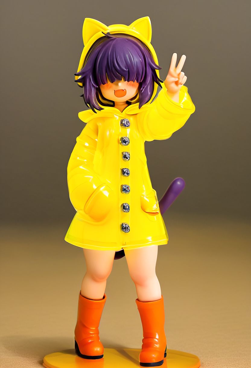 masterpiece, best quality, amazing aestethics, 4k, 1girl, orange raincoat, cute, (pvc figure style:1.4), figure, solo, (orange raincoat, baggy clothing:1.3), perfect fingers, hand inside pocket, hand doing peace sign, thick thighs, hood down, blush, short hair, hair covering eyes, eyes no visible, bangs, wearing black chocker, cat smile, visible fang, purple hair, purple cat ears, purple cat tail, standing, indoors, orange boots, basic background,  blurry background, cowboy shoot:1.3, (foggy background, inside, clear room, on table:1.2)