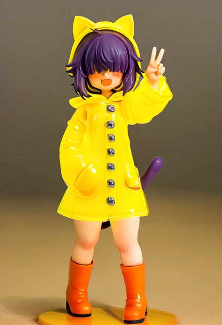 masterpiece, best quality, amazing aestethics, 4k, 1girl, orange raincoat, cute, (pvc figure style:1.4), figure, solo, (orange raincoat, baggy clothing:1.3), perfect fingers, hand inside pocket, hand doing peace sign, thick thighs, hood down, blush, short hair, hair covering eyes, eyes no visible, bangs, wearing black chocker, cat smile, visible fang, purple hair, purple cat ears, purple cat tail, standing, indoors, orange boots, basic background, blurry background, cowboy shoot:1.3, (foggy background, inside, clear room, on table:1.2)