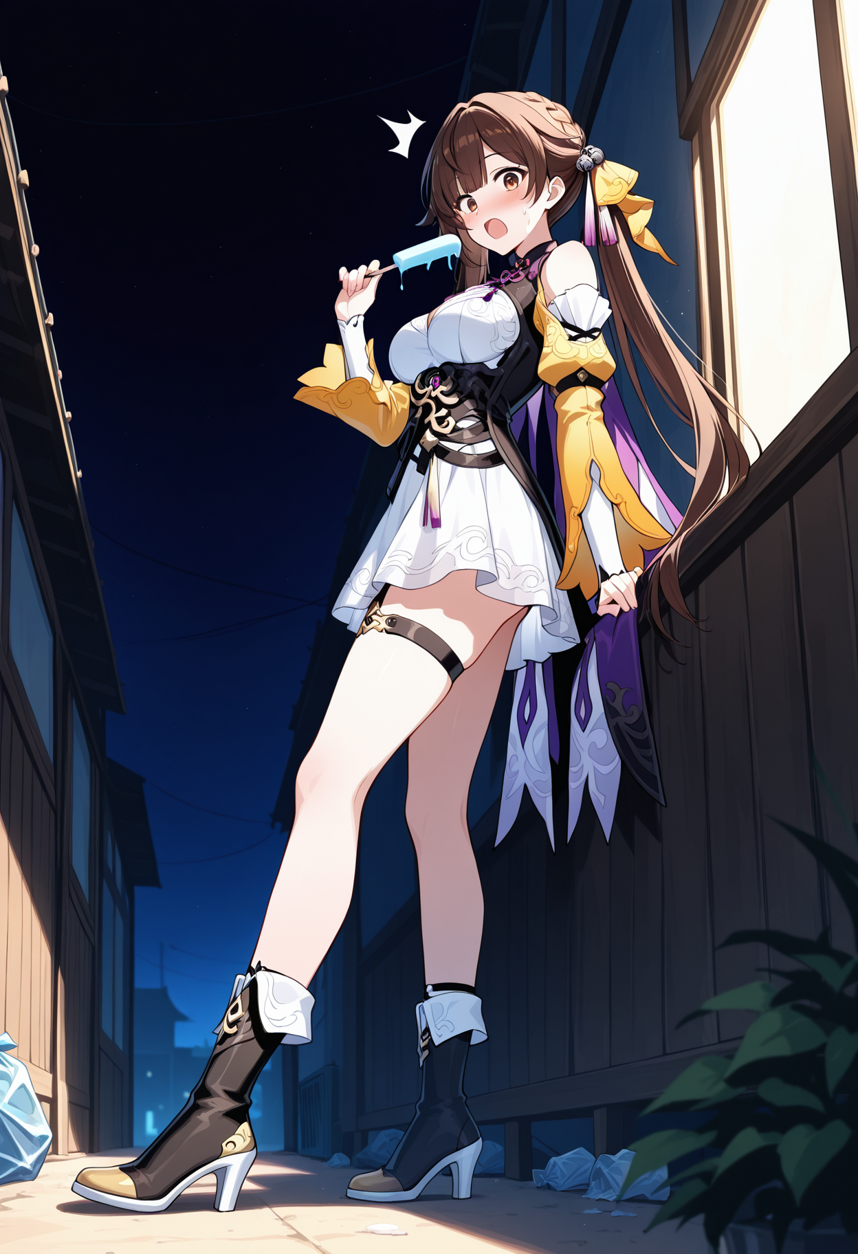 <lora:SushangHonkaiStarRailIL:1>, 1girl, shushanghsr1, brown eyes, brown hair, twin tails, bangs,
surprised, dark alley, night, trash, shocked, eyes wide open, from below, full body, standing,
Chinese dress, off shoulders, detached sleeves, corset, purple neck bow, breast cutout, thigh strap, white dress, yellow sleeves, purple cape, boots, high heels,
looking at viewer, side view, melting, holding icecream, popsicle, porch, food, 
masterpiece,best quality,amazing quality,
