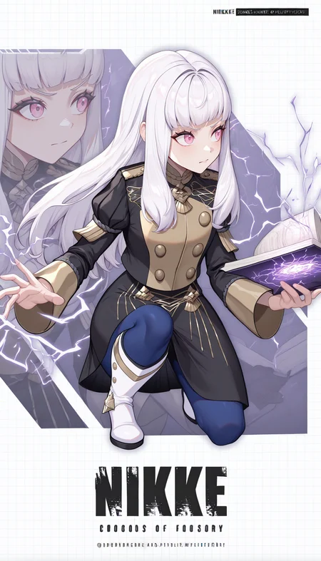 masterpiece, best quality, newest, absurdres, highres, NikkeProfile, full body, checkered background, zoom layer, copyright name, character name, english text, logo, on one knee, looking to the side, <lora:NikkeProfile_illusXLNoobAI_Incrs_v2:1>, white background, 1girl, <lora:fireemblem_lysithea_illustriousXL:1> lytdef, long hair, white hair, pink eyes, garreg mach monastery uniform, black jacket, epaulettes, buttons, juliet sleeves, black skirt, blue pantyhose, white footwear, knee boots, holding book, open book, magic, elements, electricity, casting spell,