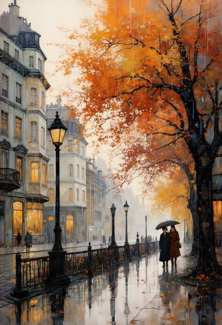 This image is a digital painting with a vibrant, impressionistic style depicting a serene, autumnal street scene. The scene is set at dusk, with a gentle rain falling, creating a misty atmosphere. The background features a row of classic Parisian buildings, their facades partially obscured by the rain. The street is wet, reflecting the streetlights and the buildings, adding a sense of depth and perspective.
A black, vintage-style street lamp stands on the left side of the image, casting a warm, soft glow. The street is lined with elegant, leafless trees, their branches bare except for a few scattered leaves that are falling gracefully to the ground. The trees on the right side of the image are particularly striking, with their leaves in shades of orange, yellow, and red, creating a vibrant contrast against the gray sky and wet pavement.
Two figures, a man and a woman, walk along the street, holding hands and sharing an umbrella. They are dressed in warm, autumnal clothing, adding to the cozy atmosphere. The woman wears a long, dark coat and the man wears a jacket and trousers. The scene is rich in texture and detail, capturing the essence of a rainy, autumn day in a picturesque European city.