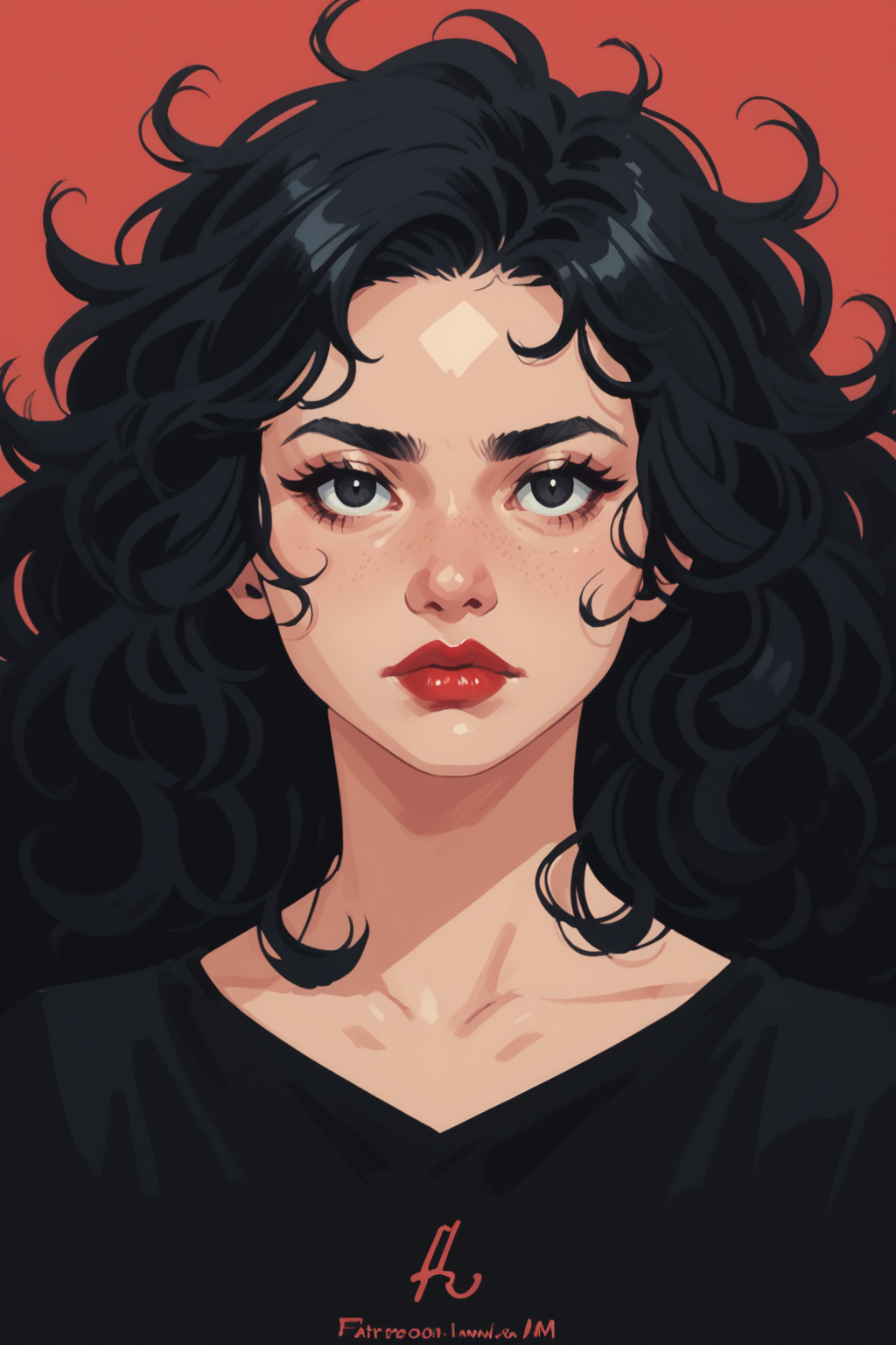 1girl, solo, black hair, black eyes, long hair, curly hair, looking at viewer, upper body, messy hair, red  watermark artist name, closed mouth, black dress, makeup, wavy hair, dress, lipstick, expressionless, black shirt,, zPDXL3,  PnyCmicXLPOS, detailxl,  (lineless, vector art:1.5)