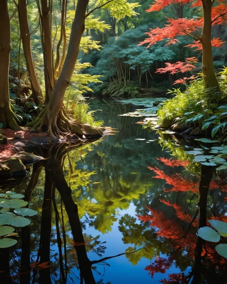 Strike Down looking away, water, reflections, transparency, stunning, vivid color, Fairyland: A place where fairies and other magical creatures live, Elaine de Kooning, ambient lighting, <lora:add-detail-xl:1>, <lora:xl_more_art-full_v1:0.8>