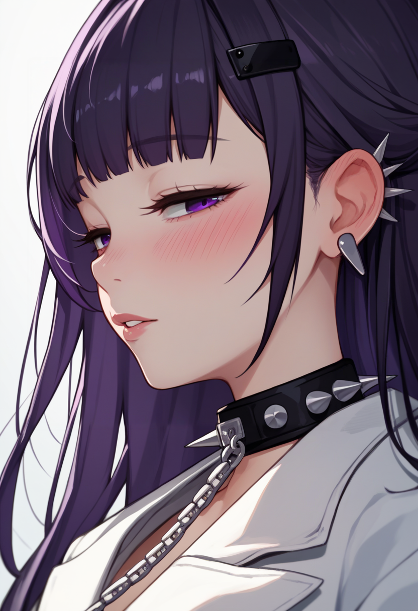 score_9, score_8_up, score_7_up, source_anime BREAK 1girl, solo, parted lips, blush, half-closed eyes, close-up, portrait, looking at viewer, (from side:0.5), <lora:mihara-nikke-richy-v1_pdxl:1> mihara, purple eyes, black hair, purple hair, long hair, bangs, hair clip, ear piercing, spiked collar, white coat, lab coat, chain