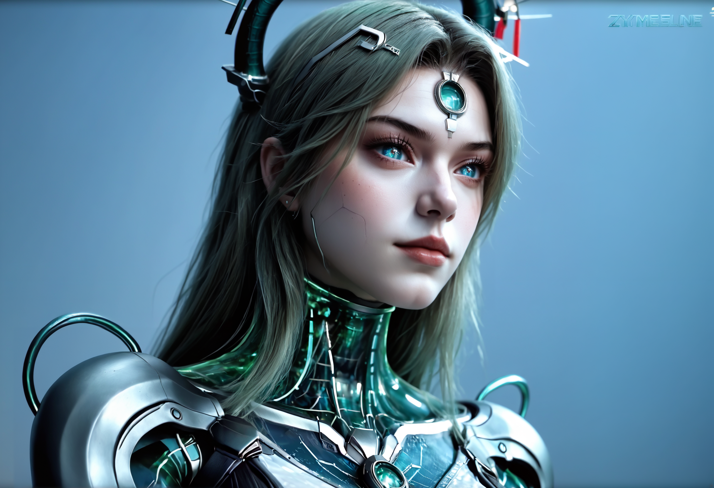 Masterpiece, best quality, amazing quality, very aesthetic, high resolution, ultra-detailed, absurdres, HDR, cinematic lighting, highres, newest, 
PoYu, snake woman, cyborg lamia, futuristic snake-themed character, biomechanical hybrid, snake tail lower body, green hair, 1girl, solo, lips, long hair, smile, makeup, cyborg, lipstick, metallic body parts, teal glowing eyes, forehead jewel, cyberpunk aesthetic, techno-organic design, snake horns, glowing teal highlights, holographic elements