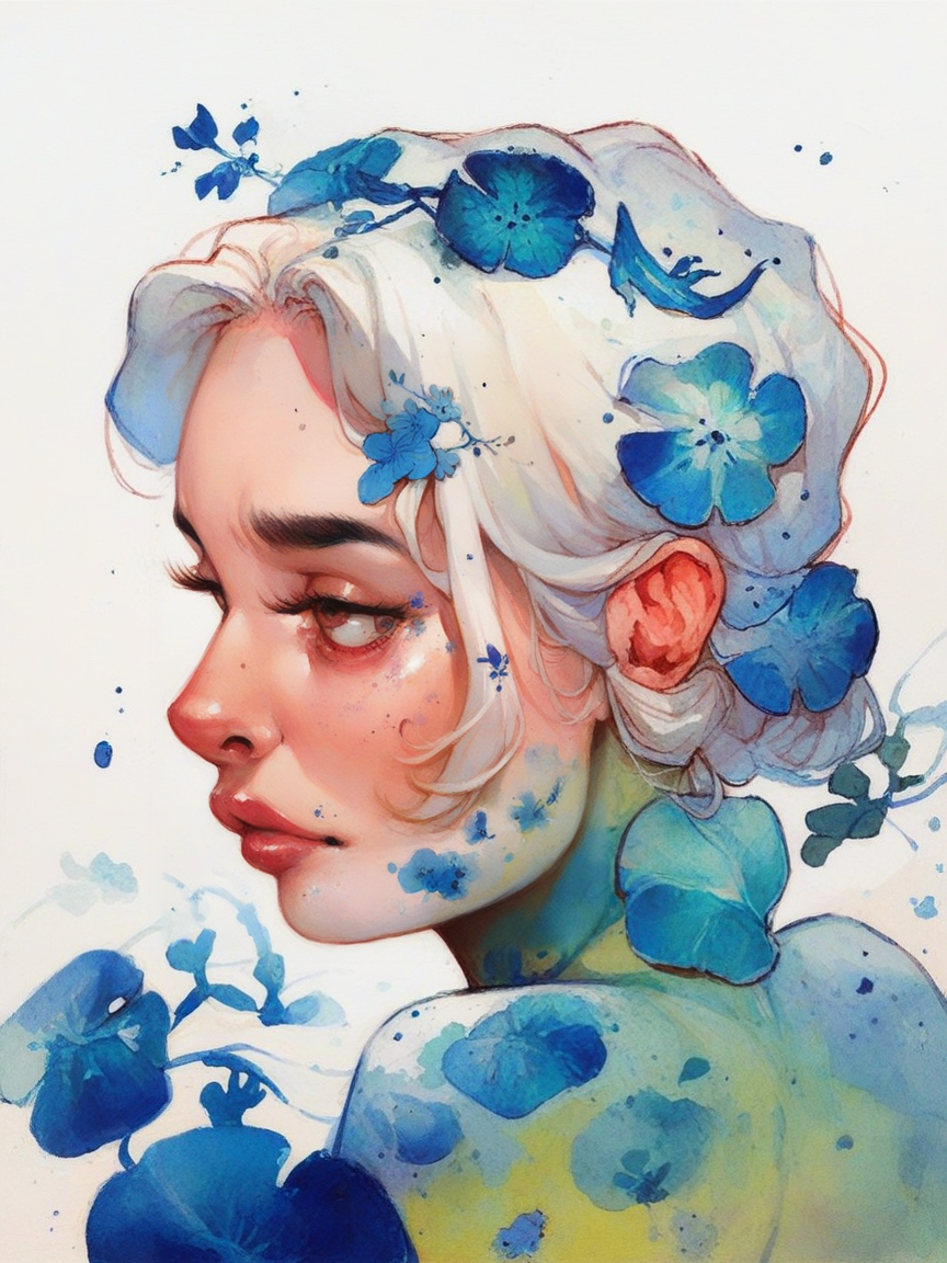 score_9, score_8_up, score_7_up, score_6_up, <lora:blu31nk:1> blu31nk, solo, 1girl, white hair, traditional media, watercolor, white background, white and blue, blue vines and floral