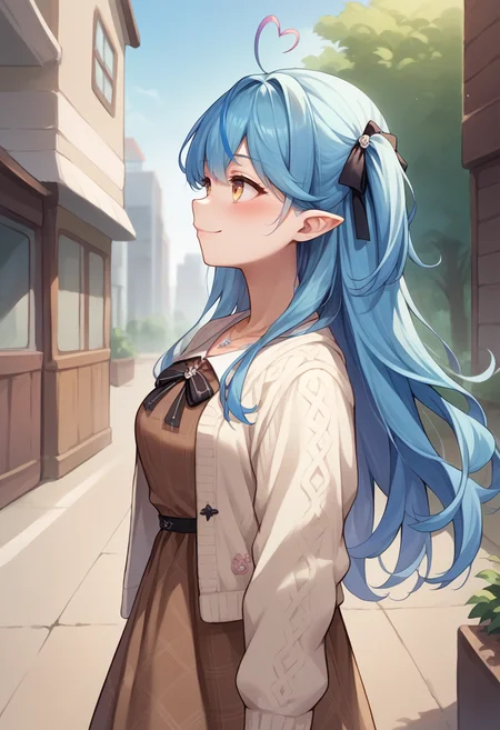 score_9, score_8_up, score_7_up, source_anime, 1girl, solo, LamyCasual, blue hair, long hair, two side up, hair ribbon, heart ahoge, necklace, brown dress, plaid dress, black bow, white cardigan, long sleeves, outdoors, from side, smile, blush, <lora:ChamYukihanaLamyPony:1>