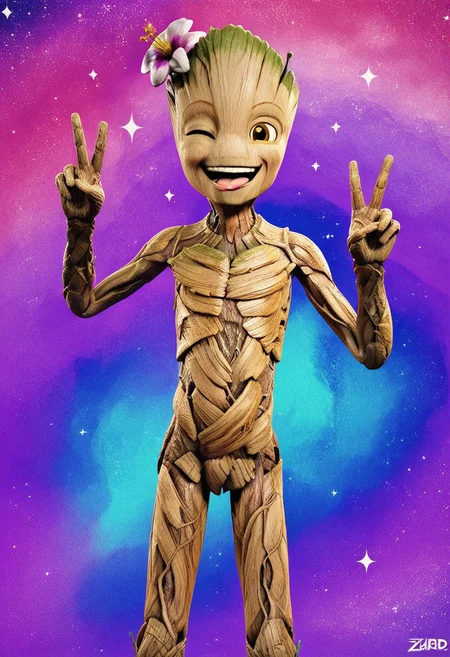 score_9, score_8_up, score_7_up, male, solo, groot2, young, skinny, flora fauna, made of wood, muscular, alien, noseless, amber eyes, smile, eyelids, wink, smile, flirty, open smile, tongue out, happy, expressive, standing, raised arms, perfect hands, (aged down, petite:1.2), slim, raised hands, double v, leaning forwards, hip focus, cocked hip, null, flower, sparkle, cocked hip, looking at viewer, one eye closed, winking, starry sky, (realistic, 3d:1.2), shading, psychedelic background, knock-kneed, rainbow colors, dynamic, masterpiece, extreme detail, zPDXL3, zPDXLrl, zPDXLpg