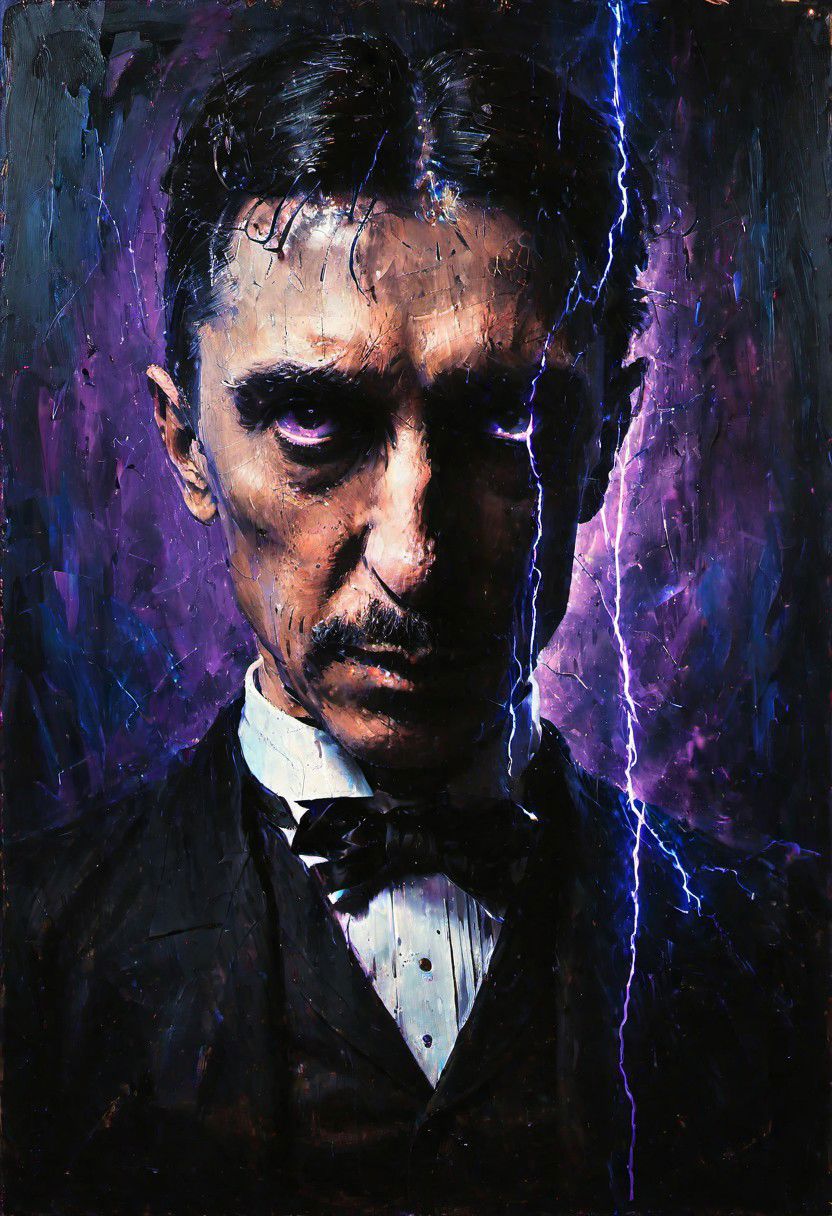 a portrait of nikola tesla, purple and blue electricity arcing in background, lps_lamp style, noir style
