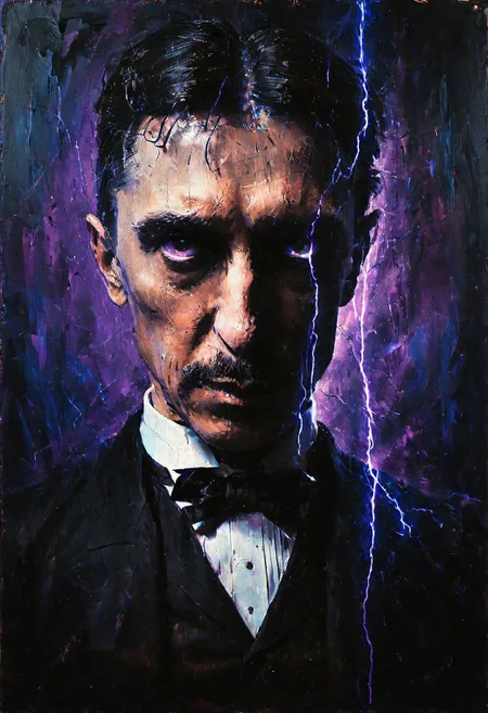 a portrait of nikola tesla, purple and blue electricity arcing in background, lps_lamp style, noir style