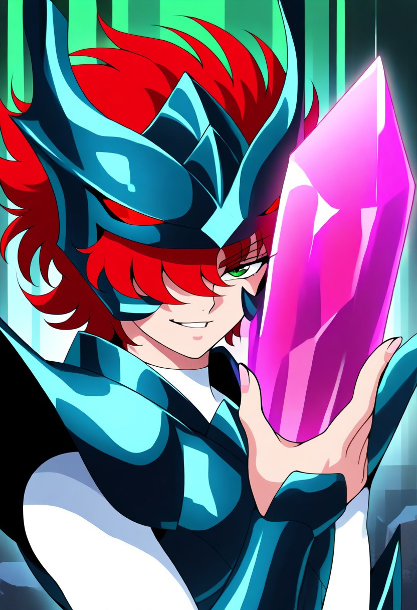 masterpiece, best quality, amazing quality, very aesthetic, absurdres, newest, SSALBE, close-up, portrait, 1boy, male focus, wavy hair, short hair, pink-red hair, hair over one eye, green eyes, megrez forehead protector (red eyes), megrez armor, teal pauldrons, teal breastplate, white bodysuit, holding pink crystal, smirk, evil smile, looking at viewer, side view, from the side, upper body
