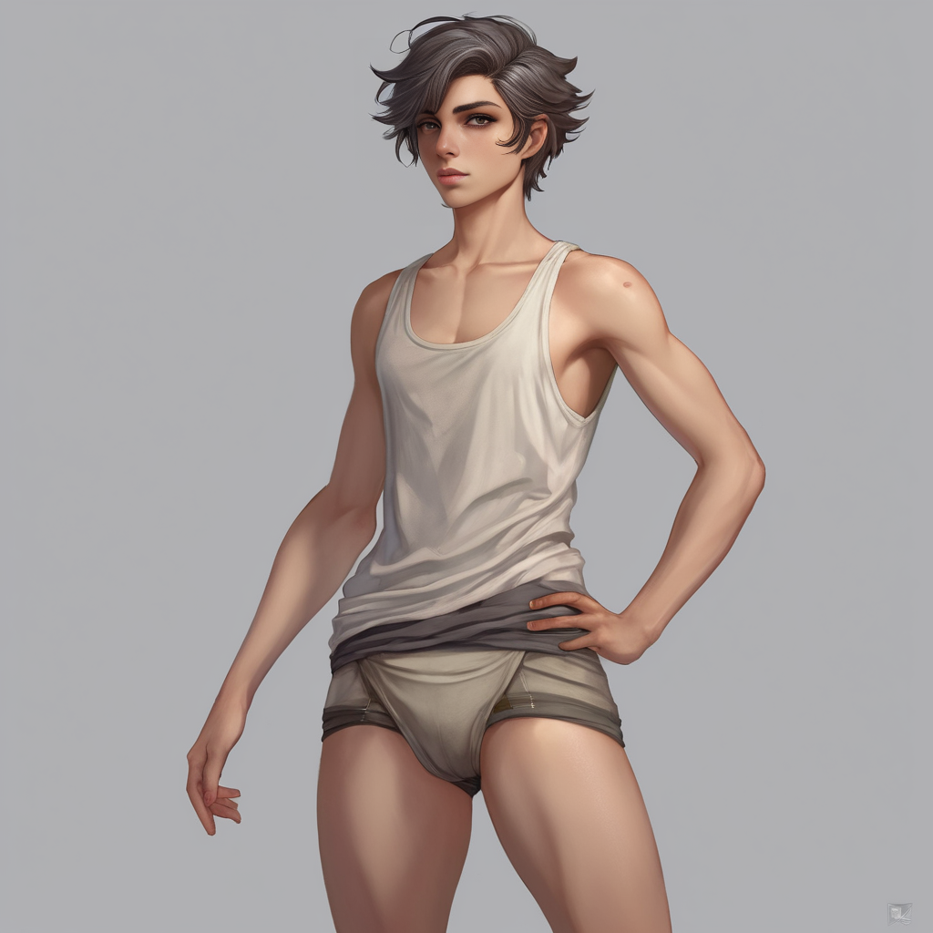 androgynous, male, full body, briefs, loose tank top, solo, digital painting, highly detailed, <lora:MaleMixXL:1>