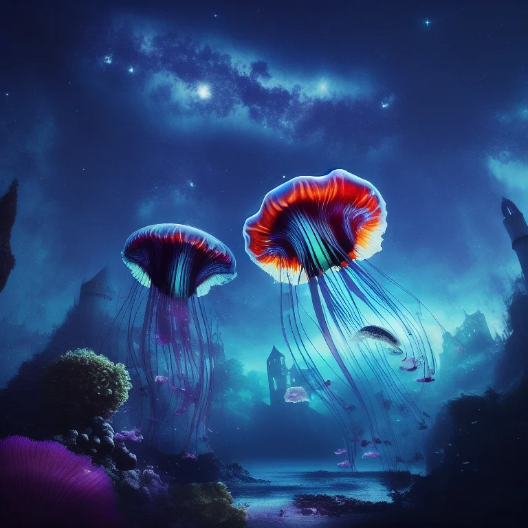 a magical forest with flying squids ad jellyfish and fish and a castle in the distanfe, nebula night time sky