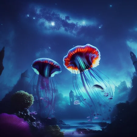 a magical forest with flying squids ad jellyfish and fish and a castle in the distanfe, nebula night time sky