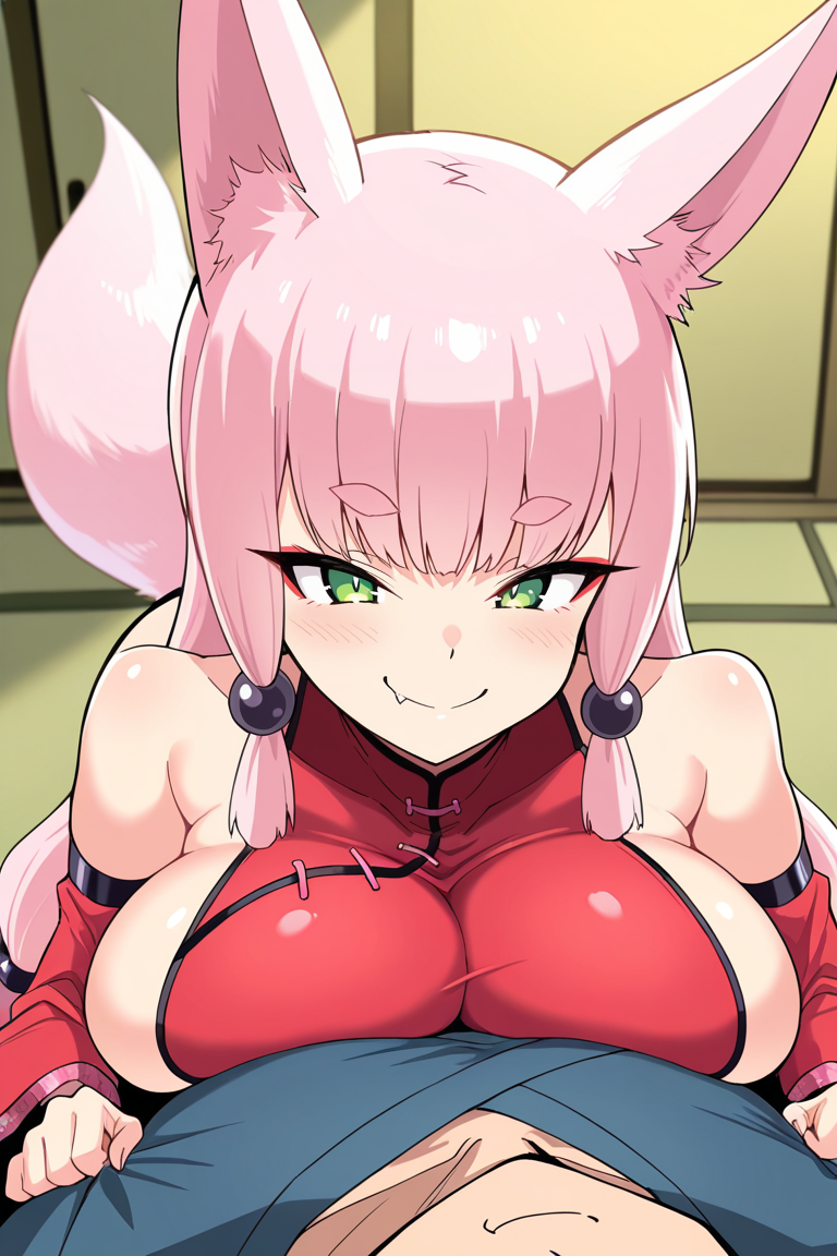 masterpiece , source_anime, breasts, animal ears, 1girl, green eyes, pink hair, fox ears, fox tail, tail, fang, large breasts, long hair, detached sleeves, smile, fox girl,  breast press, thick eyebrows, 1boy, fang out, short eyebrows, bare shoulders, bangs, red dress