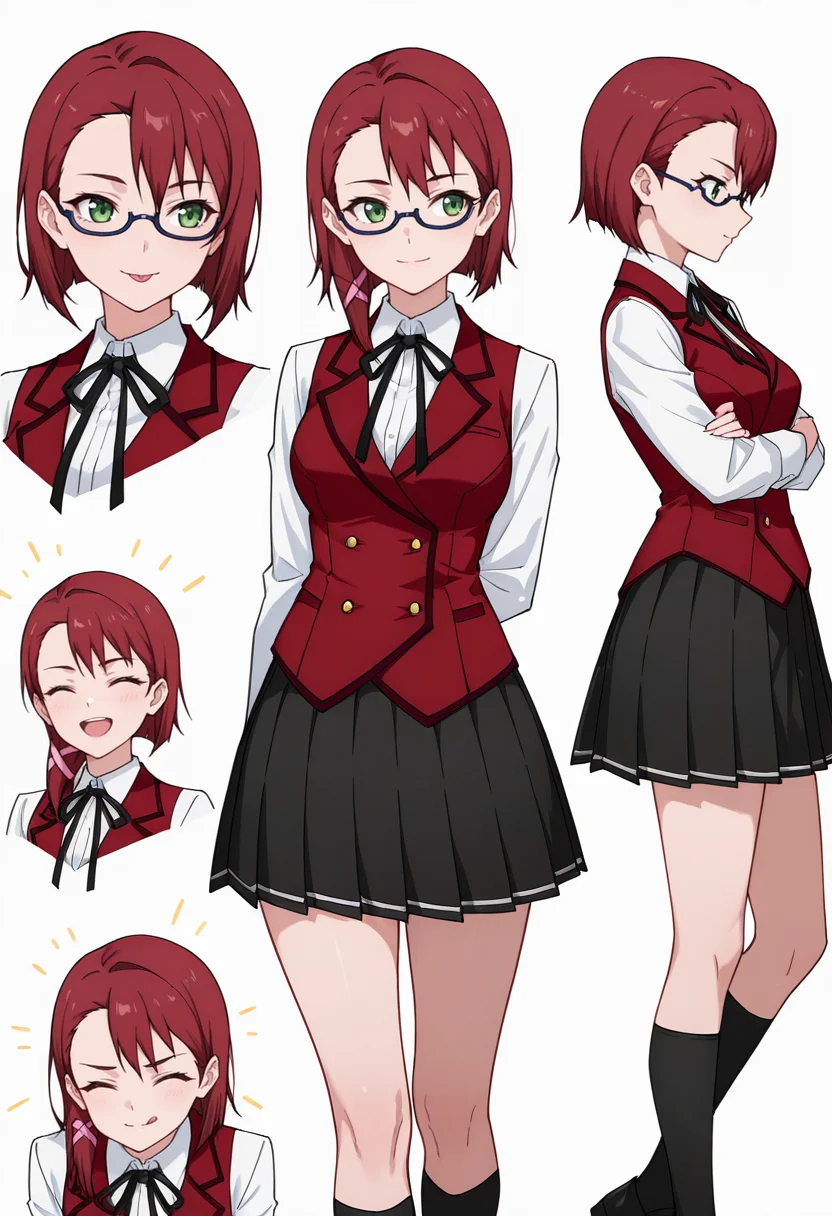 Smooth Quality,masterpiece,very intricate, high quality details, ultra realistic, high detailed skin,detailed enviorement,absurdres,
<lora:Dina_Sera_CNR:0.8> dina_cnr, red hair, short hair, asymmetrical bangs, green eyes,semi-rimless eyewear, medium breasts,hair ribbon,school uniform,white shirt, collared shirt, red vest,black skirt, pleated skirt, long sleeves, kneehighs, black socks, black footwear,neck ribbon,, simple background, white background, front view,
body twisted at midsection, one arm behind back, other across torso ,, ^ ^,