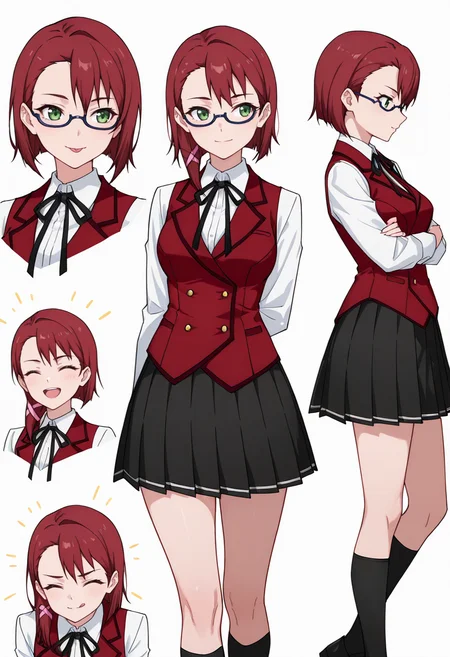 Smooth Quality,masterpiece,very intricate, high quality details, ultra realistic, high detailed skin,detailed enviorement,absurdres,
 <lora:Dina_Sera_CNR:0.8> dina_cnr, red hair, short hair, asymmetrical bangs, green eyes,semi-rimless eyewear, medium breasts,hair ribbon,school uniform,white shirt, collared shirt, red vest,black skirt, pleated skirt, long sleeves, kneehighs, black socks, black footwear,neck ribbon,, simple background, white background, front view,
body twisted at midsection, one arm behind back, other across torso  ,, ^ ^,