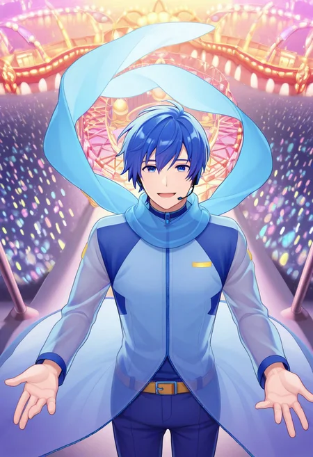 kaito, kaito (vocaloid), blue eyes, blue hair, male focus,, belt, blue pants, blue scarf, blue shirt, coat, headset, microphone, pants, scarf, see-through clothes, zipper, amusement park, rides, crowds, fun, colorful, , from above, looking at viewer, solo,, cowboy shot, solo