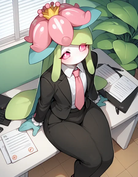 score_9, score_8_up, score_7_up, Lilligant, leaf arms, pink flower, pokemon \(creature\), (solo), 1girl, anthro, femboy, girly, elegant, jewelry, suit, shirt, frills, necktie, office, sitting on a chair, plant girl, pants, gold, from above, above shot, pink eyes, <lora:cefaa866-a58e-40ba-a219-79ab392f7d60:1.0>, <lora:5431ea18-bcd1-41e6-ba84-bd47858798fe:1.0>