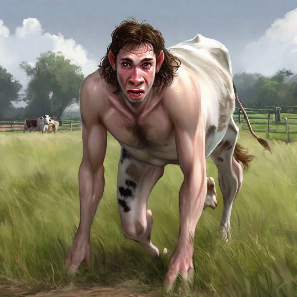 .1man,24 years old,(brown hair,(long hair),wavy hair),handsome,(transformation,species transformation:0.6) into (cow),feral transformation,embarrassed,realistic,full body shot,body horror,(cow hooves),man morphing into cow,embarrassed,human eyes,human forehead,(((human face))),(cow nose),on all fours,quadruped,(((cow fur))),field background,
