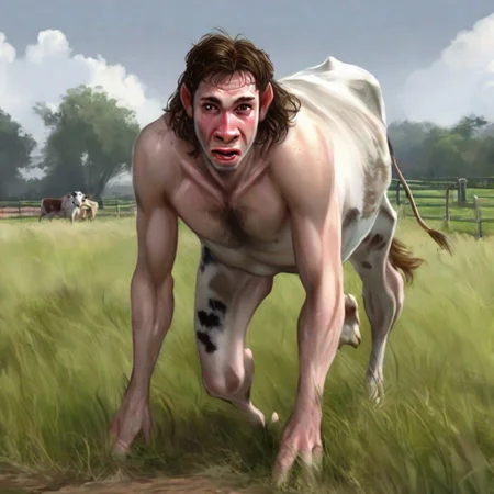 .1man,24 years old,(brown hair,(long hair),wavy hair),handsome,(transformation,species transformation:0.6) into (cow),feral transformation,embarrassed,realistic,full body shot,body horror,(cow hooves),man morphing into cow,embarrassed,human eyes,human forehead,(((human face))),(cow nose),on all fours,quadruped,(((cow fur))),field background,