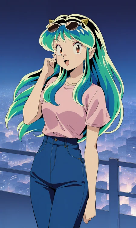 (masterpiece), (best quality), (intricate details, very aesthetic), good hands, 1girl,  <lora:Lum-animagineV2:1>, lumxl, lum,  long hair,green hair, aqua hair, multicolored hair, cone horns, pointy ears, pink shirt, blue pants, night, city, tokyo \(city\), shibuya \(tokyo\), city lights, standing, wind, cowboy shot,looking at viewer, floating hair, eyewear on head, :d, adjusting hair, hand on hip, 1980s \(style\), retro artstyle, takahashi rumiko \(style\),