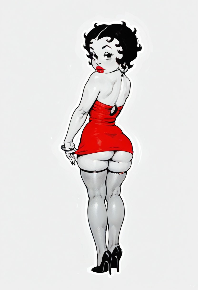 score_9, score_8_up, score_7_up, 1girl,  narrow waist, seductive expression, thick lips, athletic, toned thighs,  arched back,  dark eyes, from behind, ass,
/, monochrome background, thigh gap, 
/, standing, in city, 
/, BettyB00p, Red Dress, fishnets, high heels, curly hair, jewellery,