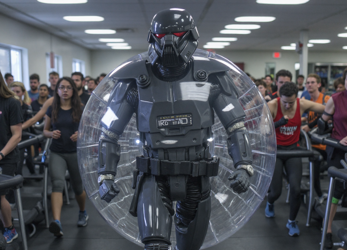{"T5": ",A highly detailed photograph of a Dark Trooper from Star Wars stuck in a human-sized hamster ball, unable to steer, with his face pressed against the plastic. The Dark Trooper wears a shirt that reads 'I Like Long Walks' in clear, legible text. Behind him, a gym full of people on treadmills watch in confusion. The scene is captured from a wide-angle perspective, showing the contrast between the imposing Dark Trooper and the mundane gym setting. The lighting is bright and even, highlighting the textures of the hamster ball, the Dark Trooper's armor, and the expressions of the gym-goers. The composition follows the rule of thirds, with the Dark Trooper slightly off-center and the gym crowd filling the background.,", "CLIP-L": ",Dark Trooper, hamster ball, I Like Long Walks shirt, gym setting, people on treadmills, confused expressions, highly detailed, plastic texture, gym lighting, wide-angle shot,"}
<lora:Dark_Trooper_-_Star_Wars_Flux:1.0>