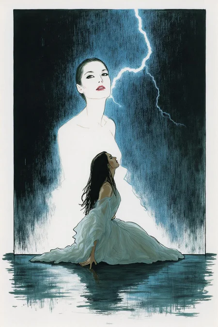 regr1 sketch.
Shot from the side, surreal, overhead shot of a a woman with long, dark hair, kneeling on a reflective, wet surface under intense rain and lightning. She wears a flowing, white dress. she gazes forward with an intense, almost sorrowful expression. Behind her, a massive screen displays a haunting image of the same woman, layered with flashes of lightning, adding a surreal, dreamlike quality.
The background is stark white.
<lora:regr2_fashion_nocap_d6a3:1.0><lora:807667221611572364:0>