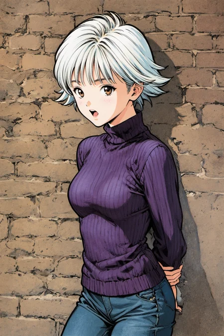 1girl,solo,short hair,white hair,brown eyes,open mouth,arms behind back,turtleneck,sweater,pants,brick wall,looking at viewer,traditional media,<lora:Katsura Masakazu_XL:0.8>,