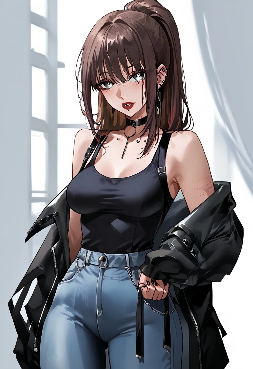 score_9, score_8_up, score_7_up, score_6_up, 1girl, expulse, medium hair, side-swepped bangs, brown hair, purple streaks, ponytail, BREAK, grey eyes, short neck, gorgeous lips, ear piercings, BREAK, medium breasts, pale skin, BREAK, solo, alone, black tanktop, tight jeans, sexy gal, no make-up (masterpiece:1.2), best quality, high resolution, unity 8k wallpaper, (illustration:0.8), (beautiful detailed eyes:1.6), extremely detailed face, perfect lighting, extremely detailed CG, (perfect hands, perfect anatomy),
