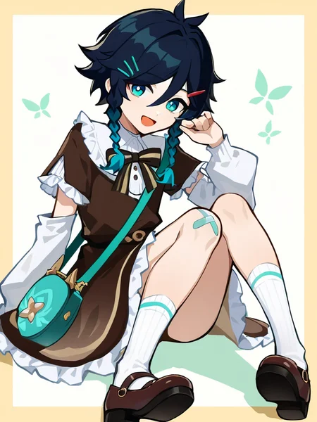 1boy,male focus,,short sleeves,bag,venti \(genshin impact\),:d,socks,black hair,shoulder bag,hair between eyes,hairclip,looking at viewer,detached sleeves,bangs,black footwear,brown footwear,sitting,mary janes,striped,long sleeves,frills,frilled dress,bandaid on leg,bandaid,shirt,black dress,brown dress,<lora:xnh:1>, masterpiece, best quality, very aesthetic, absurdres