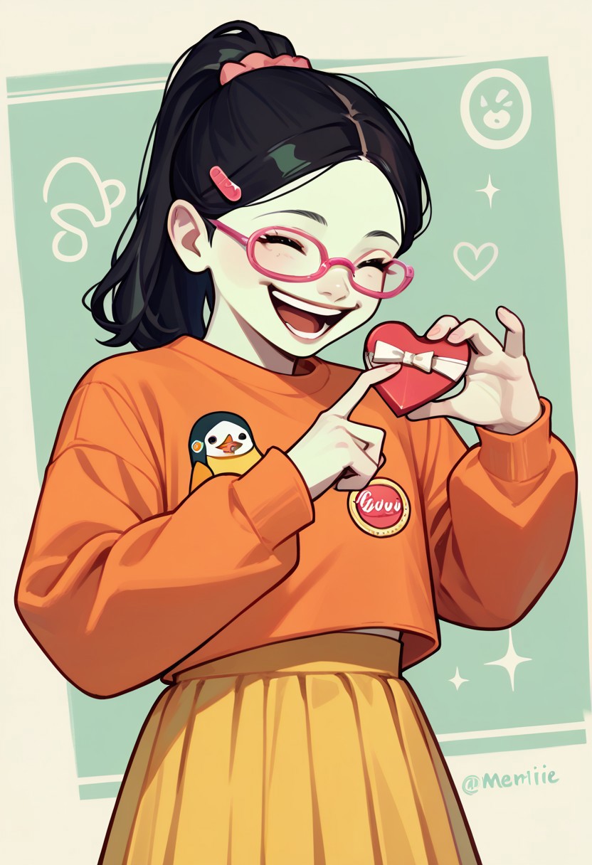 score_9, score_8_up, score_7_up BREAK melirie, 1girl, light green skin, black hair, ponytail, pink glasses, pink hairclip, orange longsleeved shirt, small penguin circle badge, yellow skirt, pink shoes, solo, laughing at viewer, offering heart chocolates, cowboy shot, laughing, solo focus,