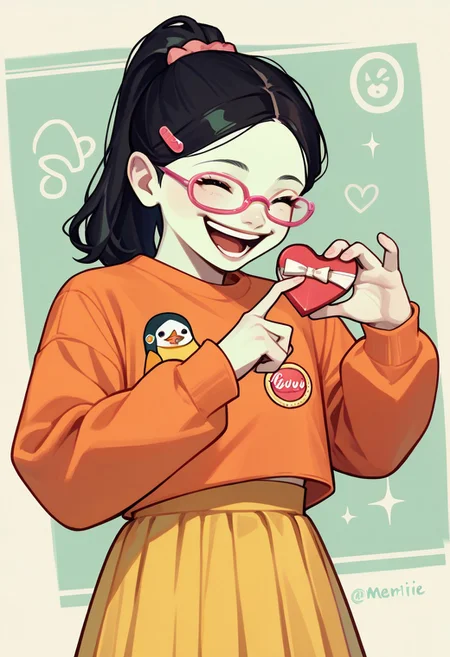 score_9, score_8_up, score_7_up BREAK melirie, 1girl, light green skin, black hair, ponytail, pink glasses, pink hairclip, orange longsleeved shirt, small penguin circle badge, yellow skirt, pink shoes, solo, laughing at viewer, offering heart chocolates, cowboy shot, laughing, solo focus,