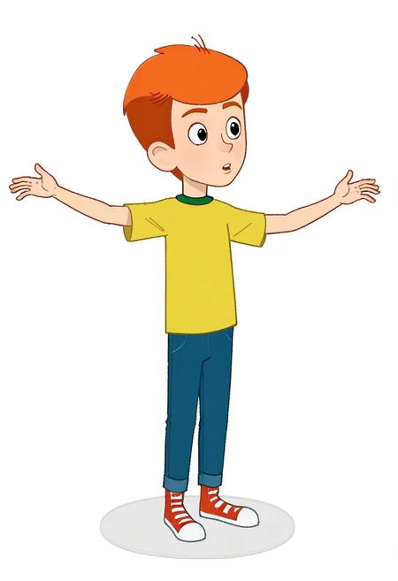 fyodor, 1boy, solo male, yellow shirt, green collar, short hair, orange hair, black eyes, pants, blue pants, t-shirt, rolled jeans, red footwear with white toes, red sneakers, white background, balancing pose