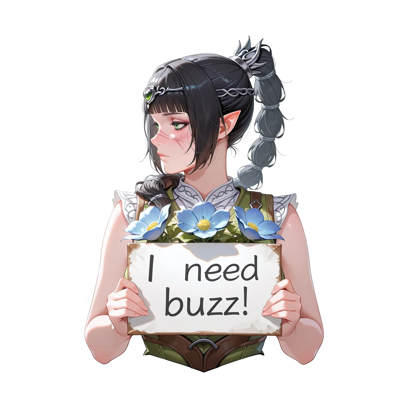 score_9, score_8_up, score_7_up, score_6_up, anime, beautiful, stunning, masterpiece, best quality, amazing quality,
need_buzz, holding sign
shadowheart (baldur's gate), elf, long hair, green eyes, black hair, pointy ears, multi-tied hair, scar on face, ponytail,
1girl, solo, pointy ears, flower, long hair, white background, holding blue flower, straight-on, simple background, braid, braided ponytail, upper body, cropped torso, profile, breasts, blunt bangs, sleeveless, closed mouth, shirt