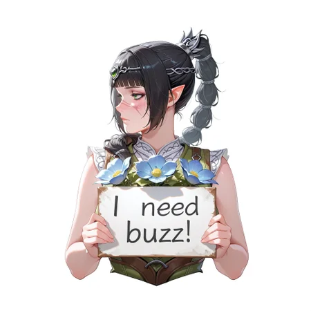 score_9, score_8_up, score_7_up, score_6_up, anime, beautiful, stunning, masterpiece, best quality, amazing quality,
need_buzz, holding sign
shadowheart (baldur's gate), elf, long hair, green eyes, black hair, pointy ears, multi-tied hair, scar on face, ponytail,
1girl, solo, pointy ears, flower, long hair, white background, holding blue flower, straight-on, simple background, braid, braided ponytail, upper body, cropped torso, profile, breasts, blunt bangs, sleeveless, closed mouth, shirt