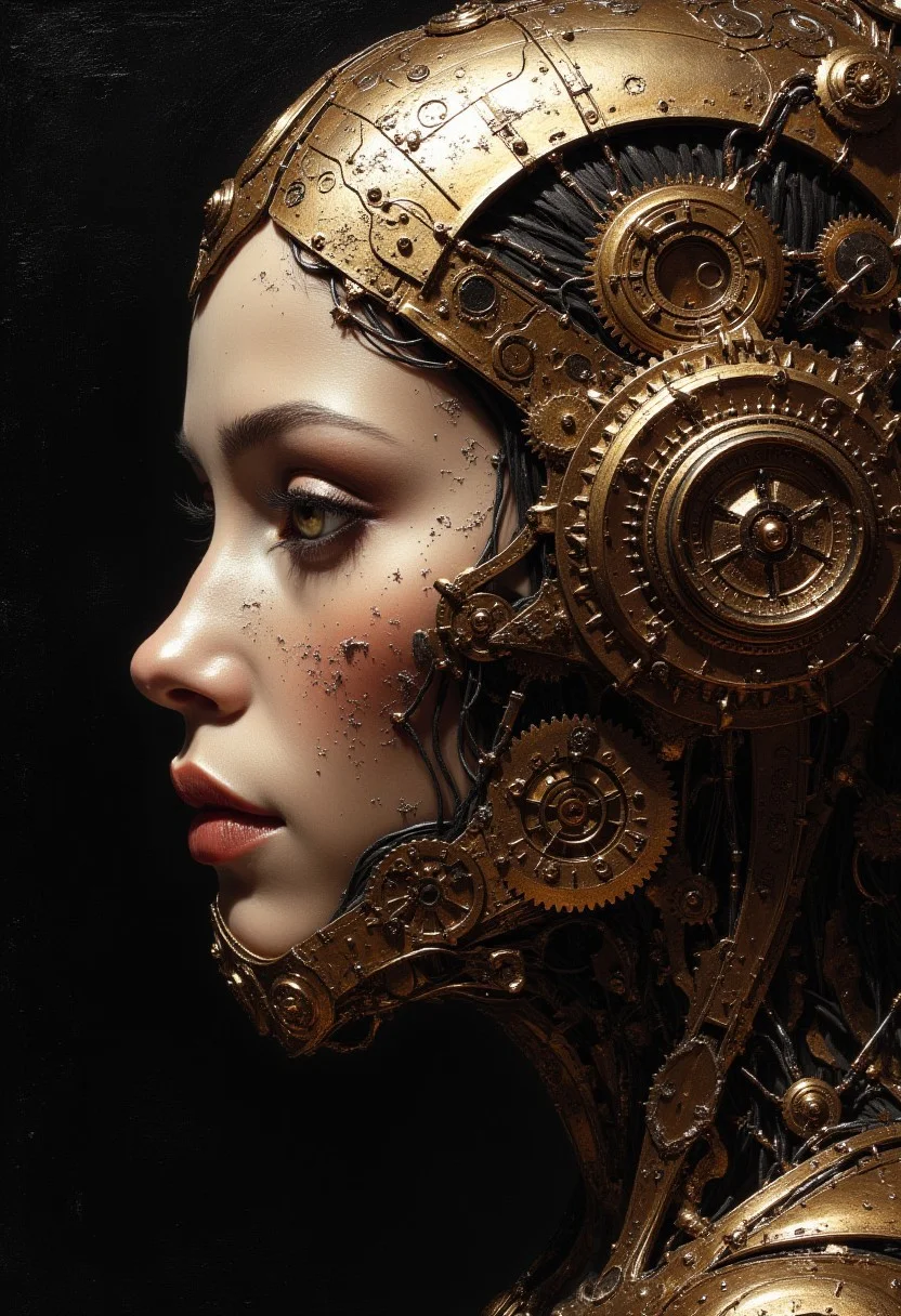detailed renaissance oil painting, masterpiece, FredFraiStyle, close up on face, great lighting, intricate detail, stunning oriental robot woman, made of clockwork cogs, wires and cables, abstract, fractal art, highest definition, HD32K, wallpaper, hyperdetailed, concept art, extreme closeup, side profile