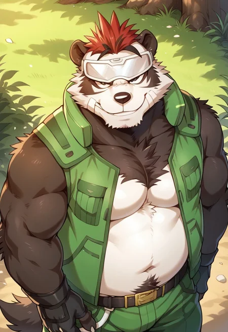 1boy, solo, detail background, backlight, cartoon style, 2d, furry male, anthro panda, black and white body/fur, two tone body/fur, short red hair, big eyes, black eyes, muscular, fat, black dot eyes, obese, overweight, short black tail, plump, short round ears, circular ears, black nose, plaster on each cheek, protective glasses on the forehead, white stomach fur, ((black fingerless gloves)), ((white cape, large cape)), ((open green vest, belt, green pants)), four toes, claws on fingers and toes, Expressiveh, dof, forest, tree, ((thumbs up)), serious expression, ((plant in mouth)), from above, high angle, looking at viewer, looking up, smile