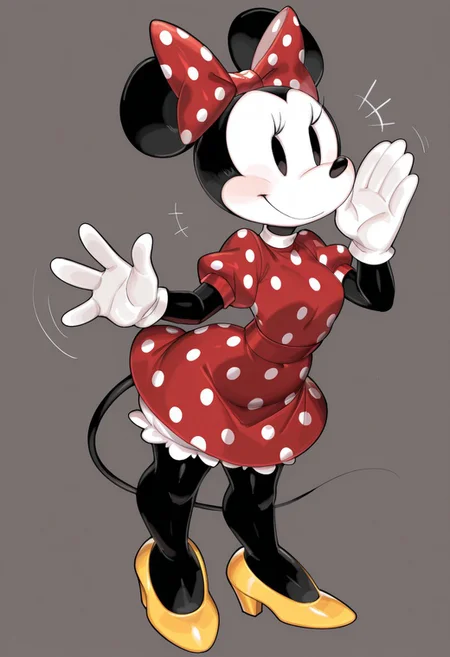 USA37107692, masterpiece, best quality, amazing quality, very aesthetic, absurdres, newest, extreme detail, 8k, detailed eyes, ((solo:1.2)), ((1girl)), minniemouse, mouse ears, mouse tail, black skin, black eyes, dot eyes, white face, white gloves, red dress, red bow, polka dot dress, polka dot bow, white bloomers, yellow stiletto heels, standing, waving with one hand, looking at viewer, smile