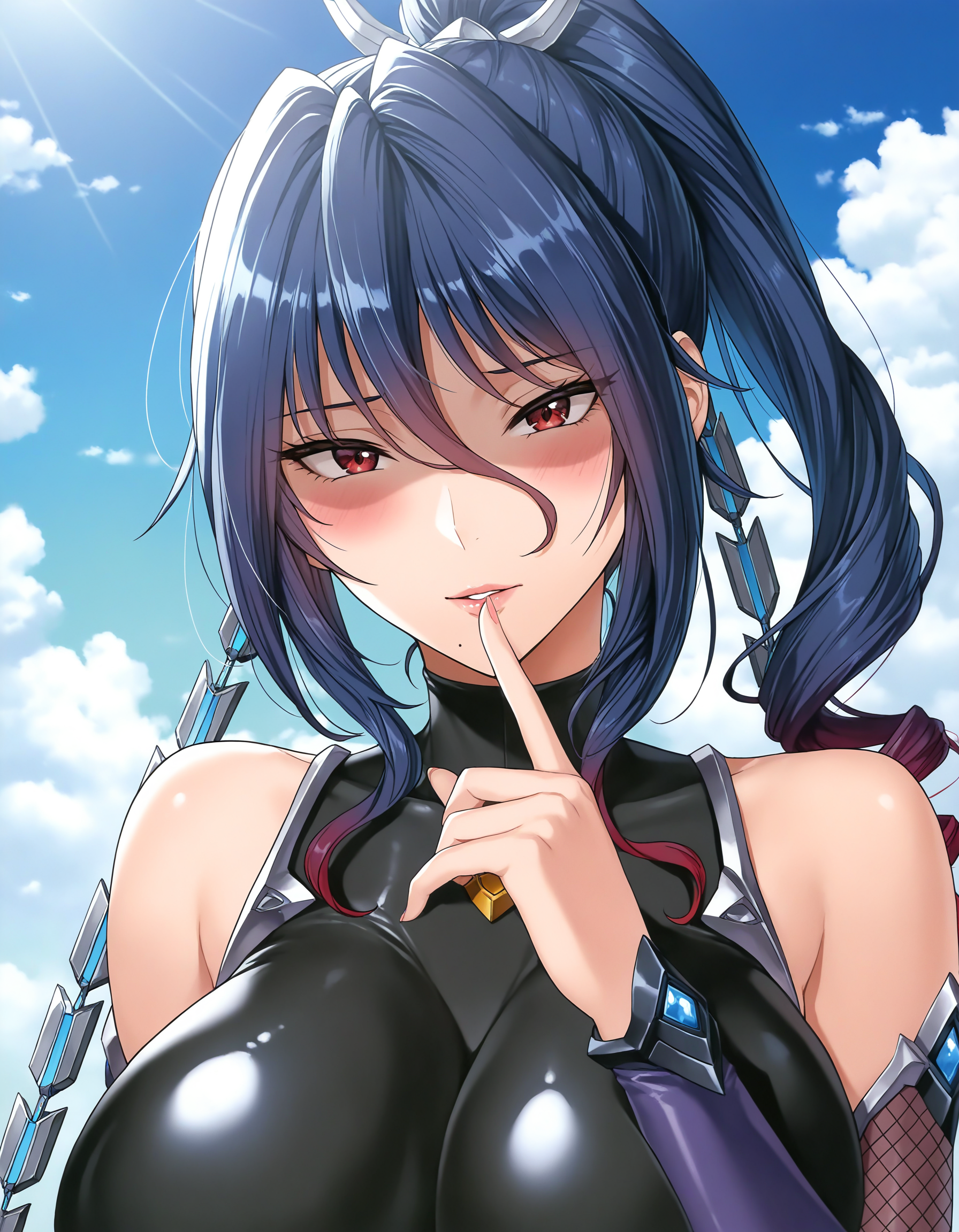 masterpiece, good quality, best quality, shadow, sidelighting, shaded face,
Uehara Rin, portrait, close-up,
1girl, mature female, solo, looking at viewer, blush, finger to mouth,
blue hair, long hair, hair between eyes, gradient hair, high ponytail, hair metal tie, red eyes,
black bodysuit, detached sleeves, fishnets, mechanical tails,
outdoors, day, clouds, blue skies,
<lora:Uehara Rin 3216 NoobAIXL V-pred:1>