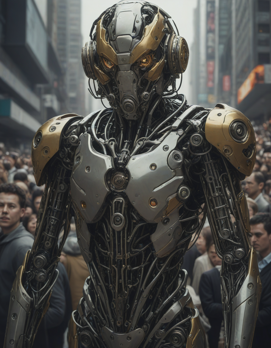 front shot of a cyberpunk gazmask robot character, intricate, elegant, highly detailed, centered, digital painting, artstation, concept art, smooth, sharp focus, illustration, artgerm, Tomasz Alen Kopera, Peter Mohrbacher, donato giancola, Joseph Christian Leyendecker, WLOP, Boris Vallejo, cybernetic limb factory, customizable robotic limbs, prosthetic enhancements, biomechanical engineering, <lora:crowd_notrigger:1.0>
