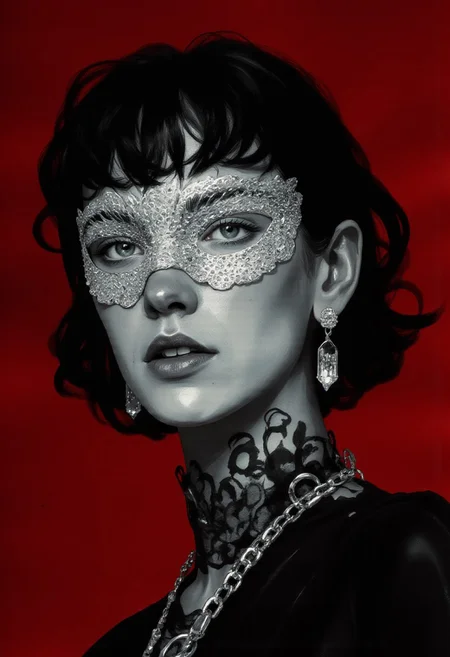 Hyper-realistic close-up digital illustration of a striking woman with pale skin accented by subtle hints of lime green, her sharp, expressionless face confronting the viewer directly. Her short, extremely curly black hair is infused with violet accents, forming a halo of vibrant texture around her face. Her perfectly black eyes are mesmerizing and enigmatic, piercing straight through the viewer. The right side of her face is adorned with an intricately designed silver mask featuring a symmetrical floral pattern, encrusted with sparkling crystals that catch and refract light in dazzling brilliance. She wears an avant-garde black top, paired with a dramatic chain necklace that drapes over her face, made of small, glossy black beads arranged in a grid-like design, partially obscuring her eyes and nose. The background is a deep crimson red, creating a stark contrast with the monochrome elements and lime green accents. Soft, focused lighting enhances the details of her face, emphasizing the reflective intricacy of the crystals and beads. Captured with a 35mm lens at f/1.4, this 8K masterpiece showcases bold contrast, stunning detail, and a hauntingly elegant avant-garde aesthetic.