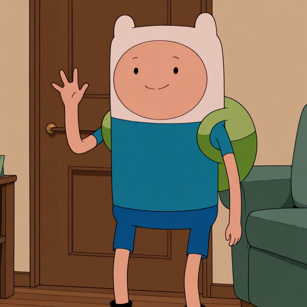 masterpiece, best quality, amazing quality, official style, f1nnhum4m, male, solo, human, young, black eyes, dot pupils, white hat, green backpack, blue shirt, short sleeves, blue shorts, black shoes, standing, smile, waving hi, indoors, living room