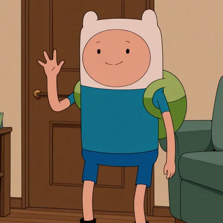 masterpiece, best quality, amazing quality, official style, f1nnhum4m, male, solo, human, young, black eyes, dot pupils, white hat, green backpack, blue shirt, short sleeves, blue shorts, black shoes, standing, smile, waving hi, indoors, living room