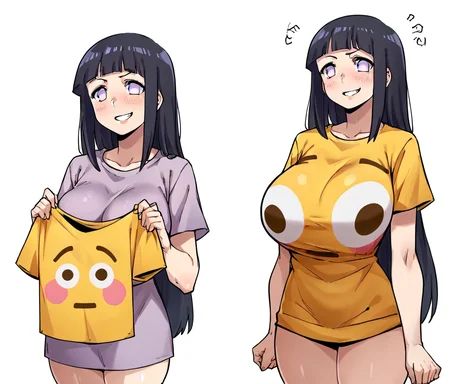 score_9, score_8_up, score_7_up, score_6_up, score_5_up, score_4_up, BREAK, flushed_emoji_shirt, 1girl, multiple views, thighs, <lora:flushed_shirt_meme_civit:0.8>, t-shirt, ((large breasts)), simple background, grin, ((oversized breasts)), <lora:Hinata_Pony_XL:0.8>, (hinata, hyuuga hinata, purple eyes, blunt bangs, black hair, white eyes, no pupils)