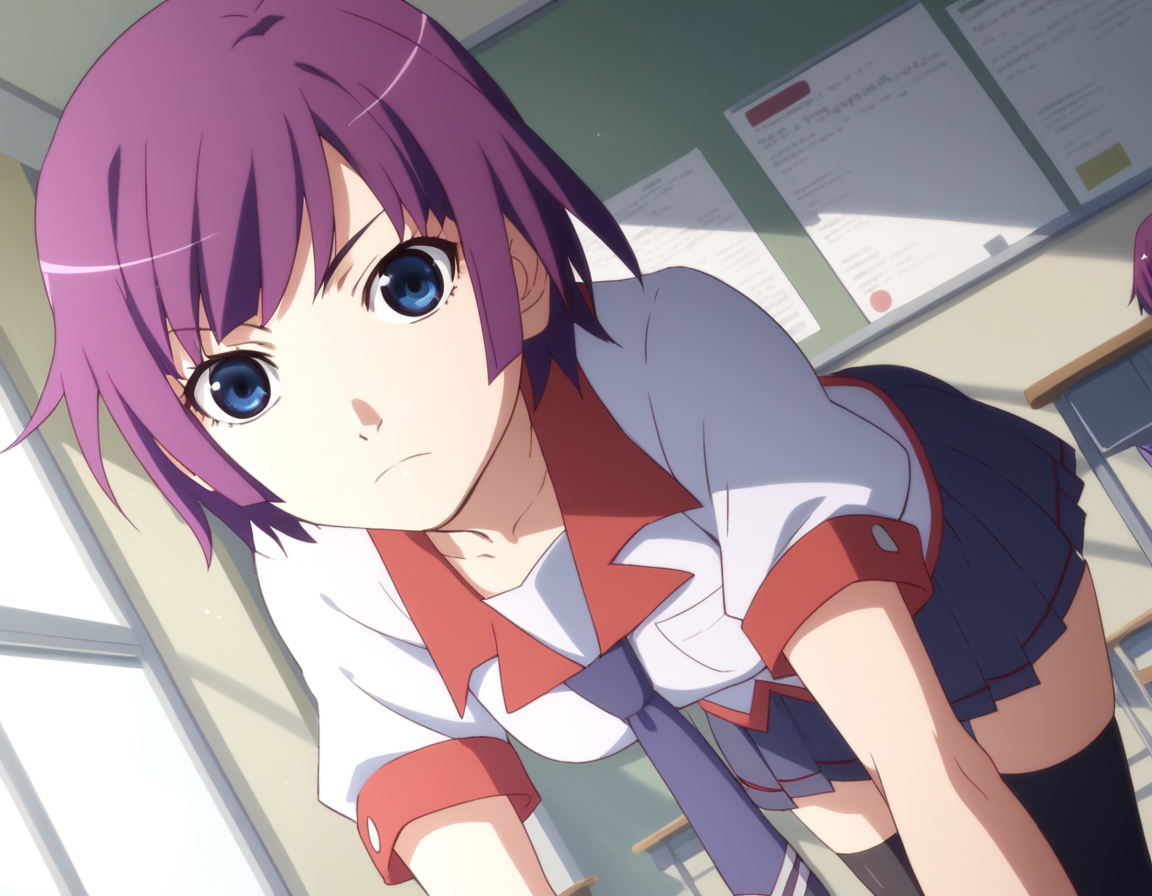 score_9, score_8_up, score_7_up, source_anime,
hitagisenjougahara, <lora:hitagi-senjougahara-anime-ponyxl-lora-nochekaiser:1>,
senjougahara hitagi, bangs, short hair, blue eyes, purple hair,
skirt, thighhighs, school uniform, necktie, black thighhighs, zettai ryouiki, naoetsu high school uniform,
indoors, classroom, bent over,
looking at viewer, cowboy shot, dutch angle,
